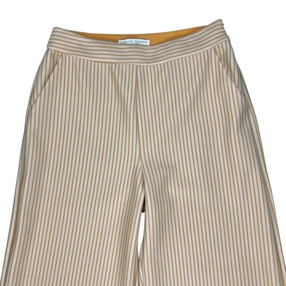 English Factory Capri Pants Sz M Cream Mustard Striped Ruffle Preppy Nautical - Picture 2 of 15